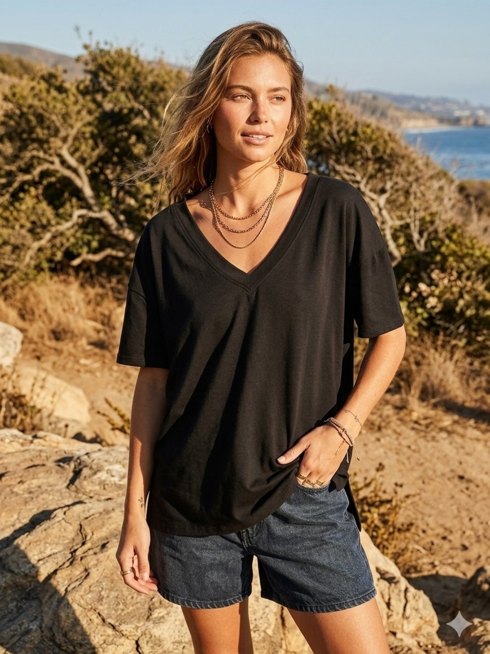 Black V-Neck Women's Tee - Casual Short Sleeve Top